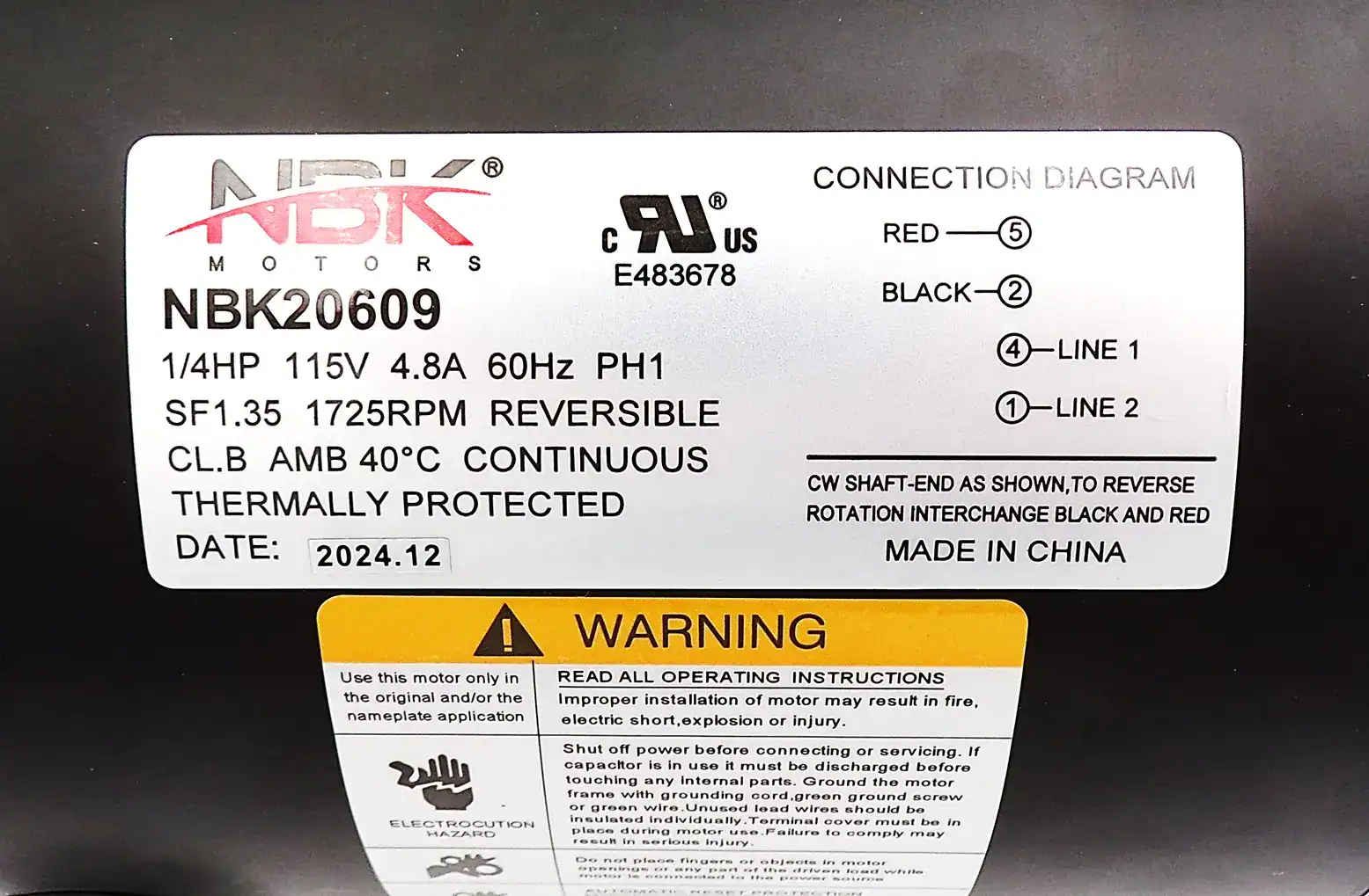 NBK-20609 FAN MOTOR (SELF COOLED) 115V, 1/4HP, 1725 RPM - Image 3