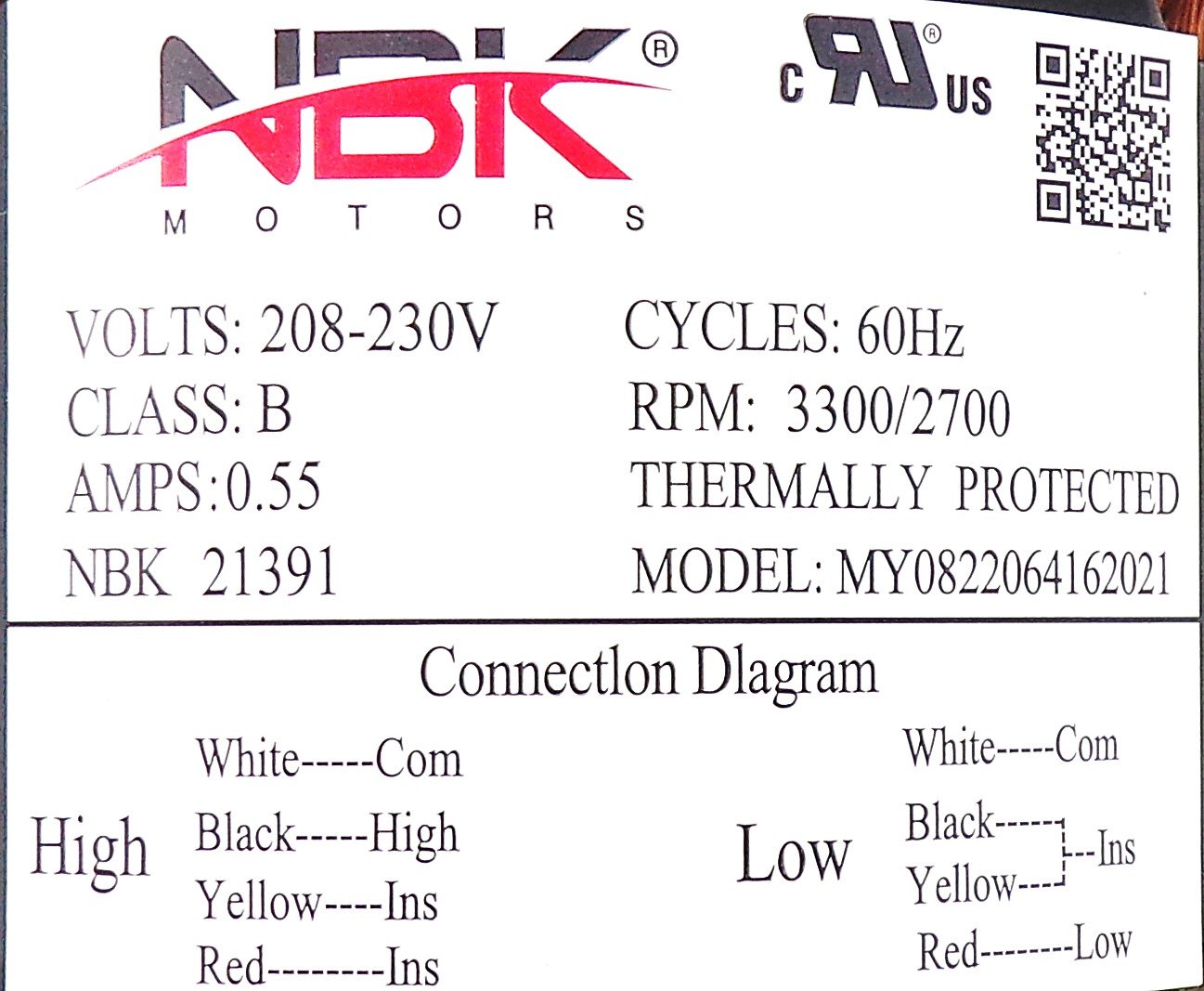 NBK-21391 INDUCER MOTOR 208-230V 60HZ, 2 SPEED - Image 2