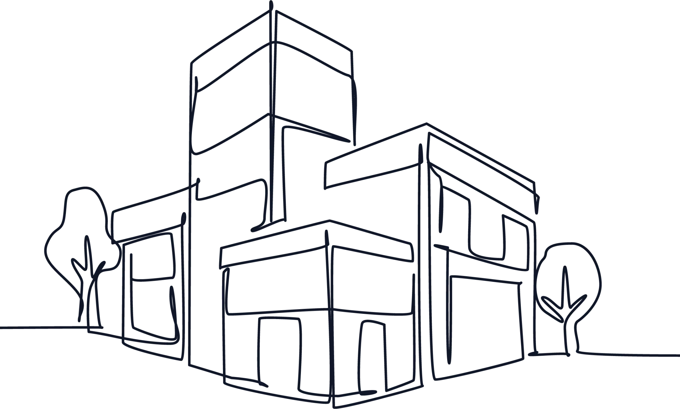 Line drawing of a modern multi-story commercial building with large windows.