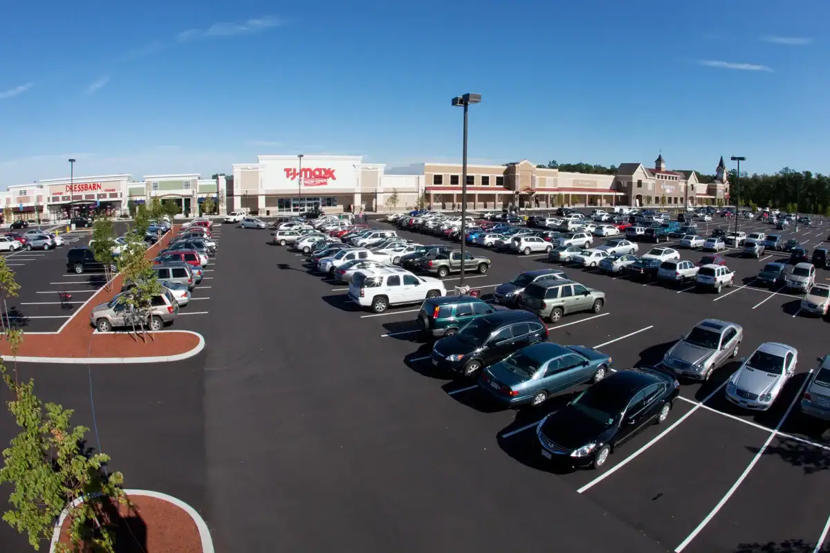 Dressbarn and TJMaxx storefronts and parking lots at Northborough Crossing in Northborough, MA