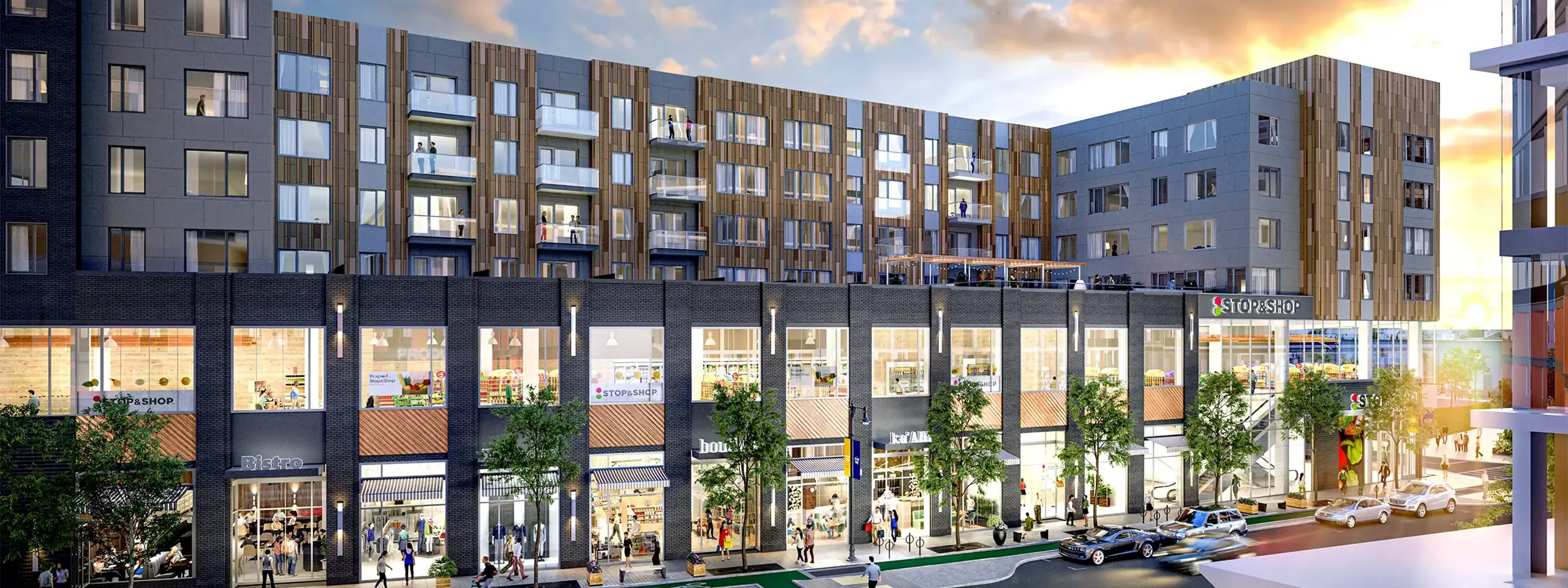 Modern mixed-use building with retail shops and apartments in downtown.