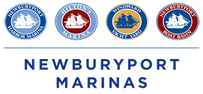 Newburyport Marinas logo with four circular icons representing different marina services.