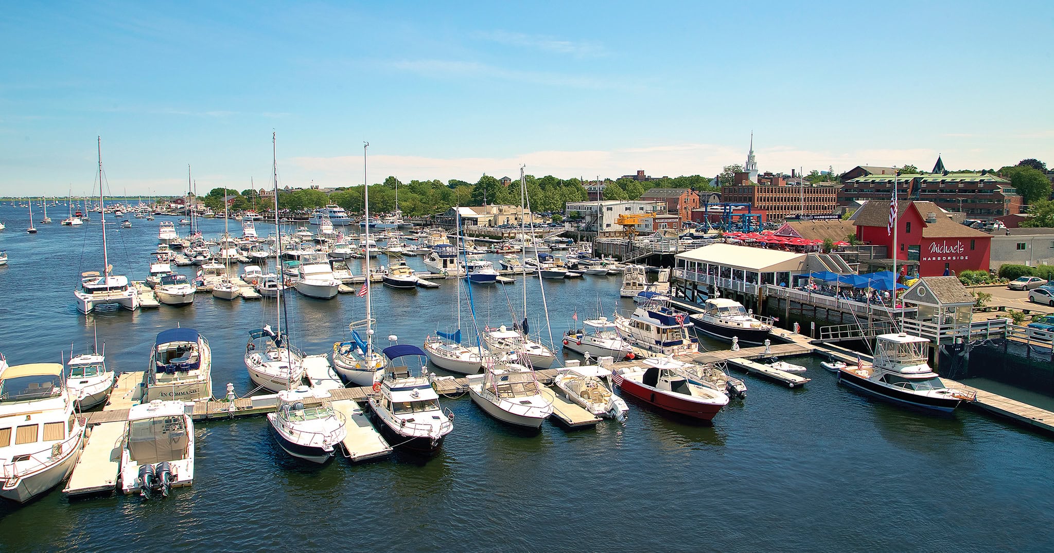 Helicopter shot of Michael's Harborside in Newburyport, MA
