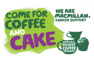 Promotional poster for coffee and cake event supporting Macmillan Cancer Support.