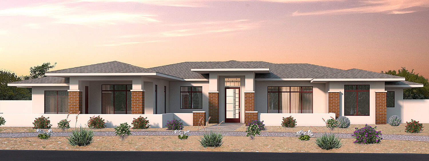 White stucco home with accent pillars and light grey shingle roofing.