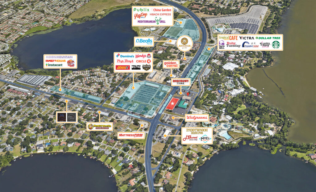 Aerial view highlighting commercial properties and retail locations for real estate investment analy.
