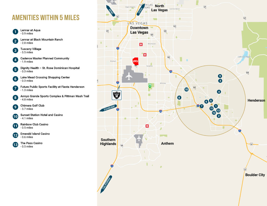 Aerial view of retail property location in Las Vegas with nearby amenities and landmarks.