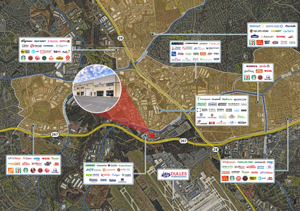 Office building with nearby retail and service locations highlighted on an aerial map.
