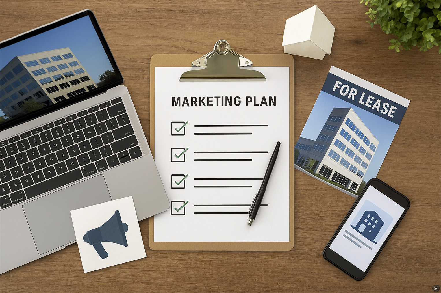 Commercial real estate marketing plan with lease flyer and digital tools.