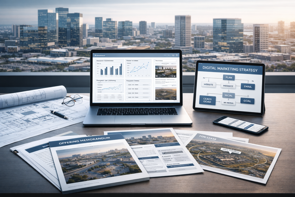 Digital marketing strategy tools and offering memorandum for commercial real estate.