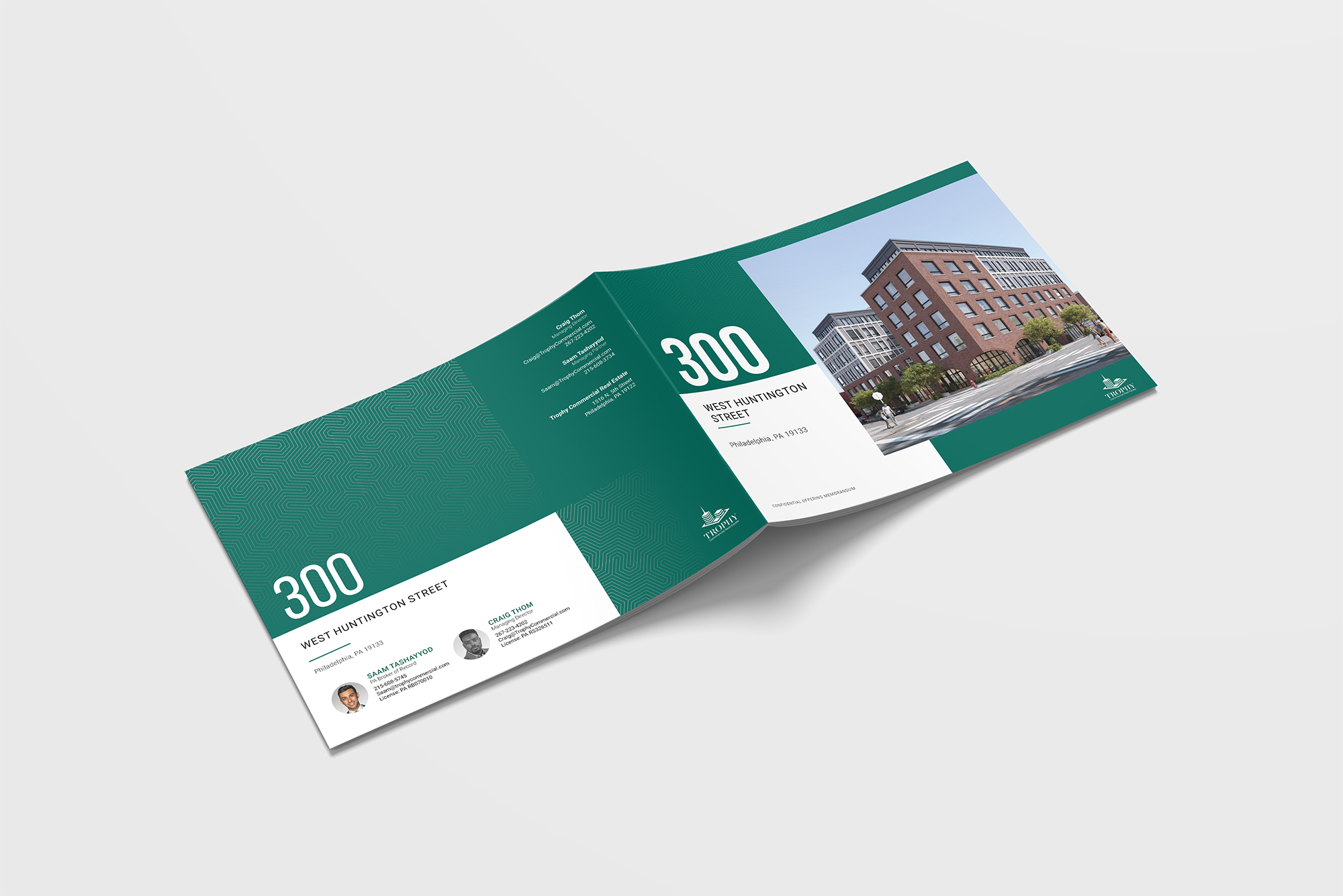 Open real estate offering memorandum brochure with property images and details.