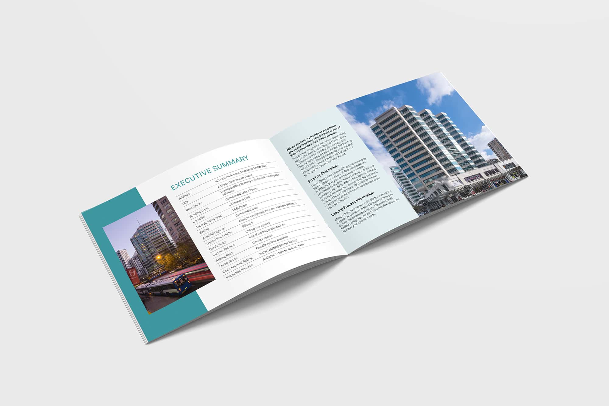 Open real estate offering memorandum with property images and details.