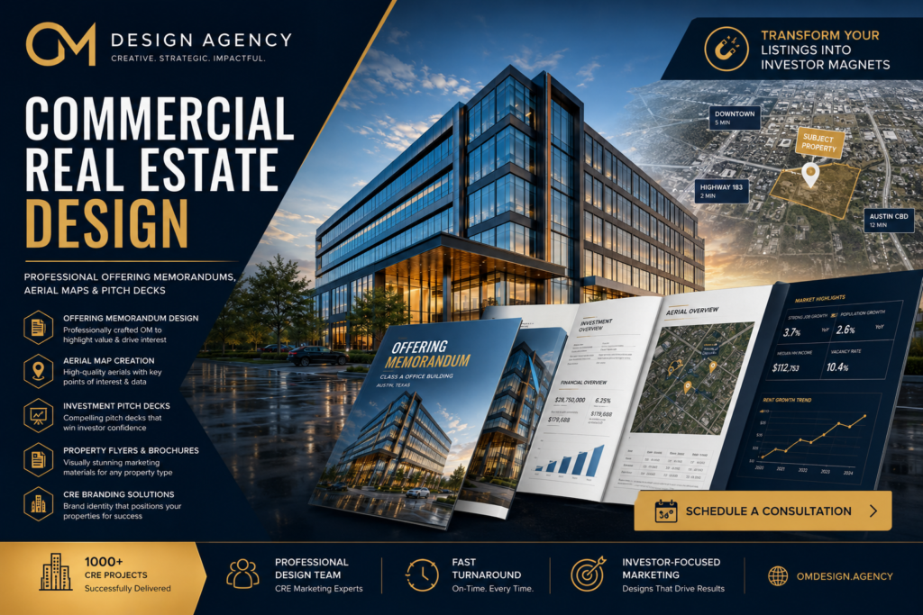 Commercial real estate O&M manual checklist showcasing a modern office building, offering memorandum pages, financial charts, maps, and professional CRE marketing materials for investment property presentations.