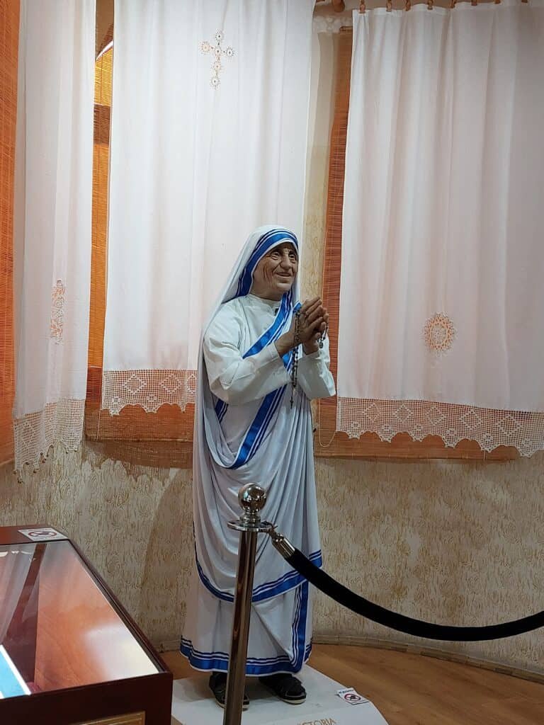 Mother Teresa statue in the entrance of Memorial House of Mother Teresa in Skopje, Capital of North Macedonia where she was born