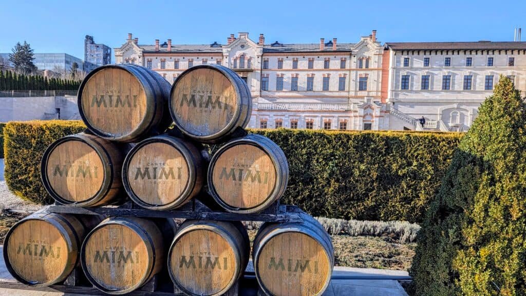 Castel Mimi Wine Barrels and view of the Chateau