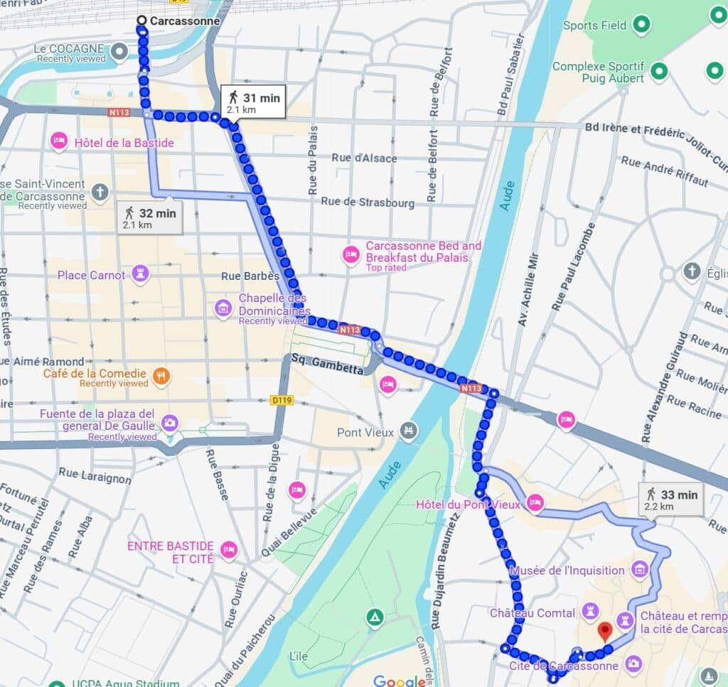 walking instructions from Carcassonne station to the Medieval City