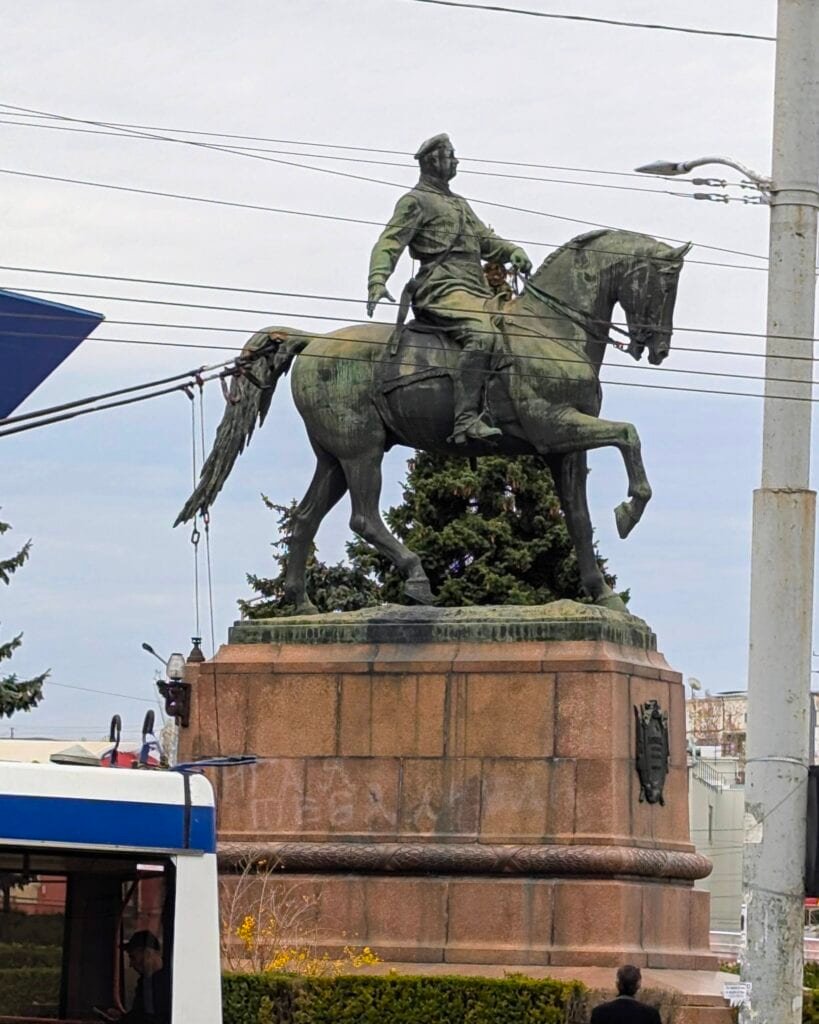 Grigory Kotovsky Statue in front of Cosmos hotel in Chisinau, Moldova