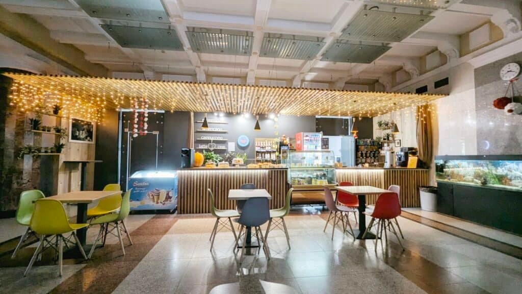 Chisinau gara Ferovia cafe railway station. Inside view of cafe complete with fish tanks. Beautiful Chisinau station on the last