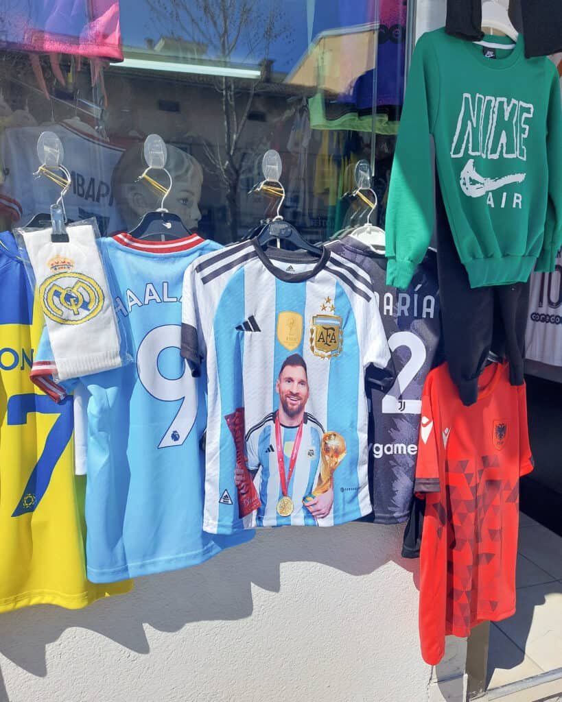 Football shirts in the shops in Tetovo, North Macedonia