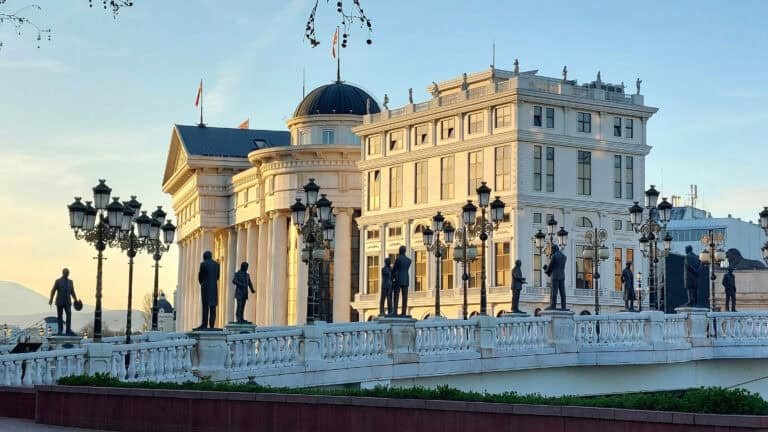 Skopje Archaeological museum and bridge with statues