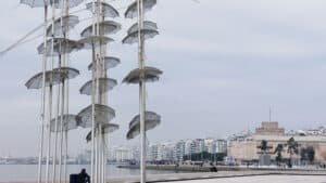 Zongolopoulos’ Umbrellas looking towards the white tower and statue of Alexander The Great Thessaloniki