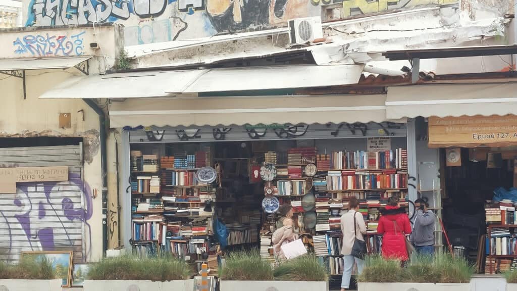 Bookshop piled high with books Exarchia Athens