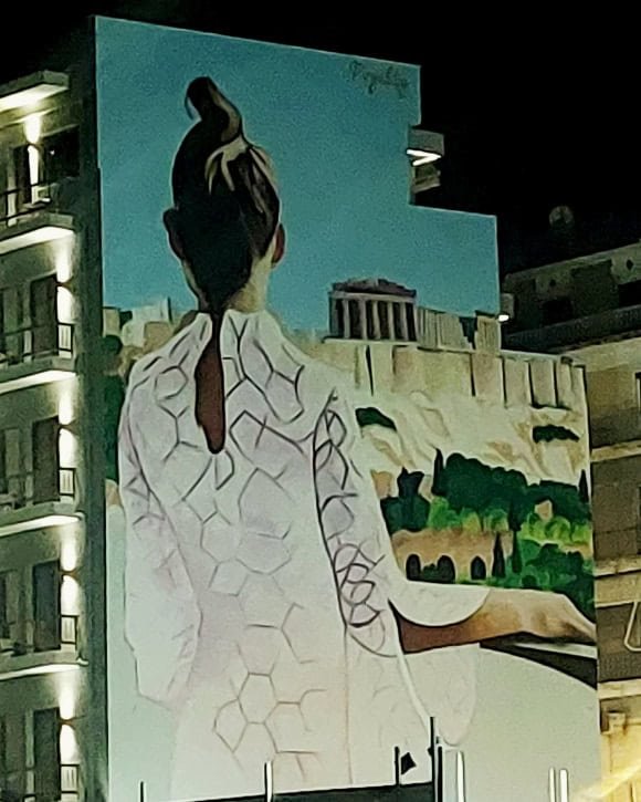 Athens lady looking at Acropolis from her apartment = Street Art Athens Greece