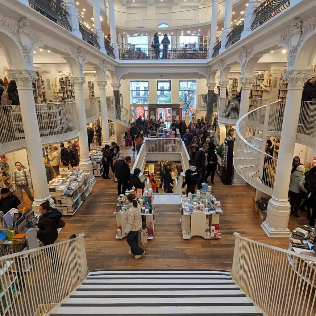 Cărturești Carusel bookshop in Bucharest with swirling staircases and several levels - popular tourist spot in Bucharest Old Town