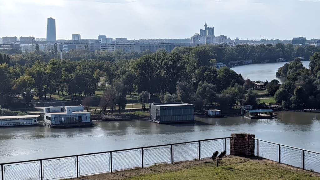 Looking out to New Belgrade with the Genex tower (brutalist connected towers) and riverside Splavs