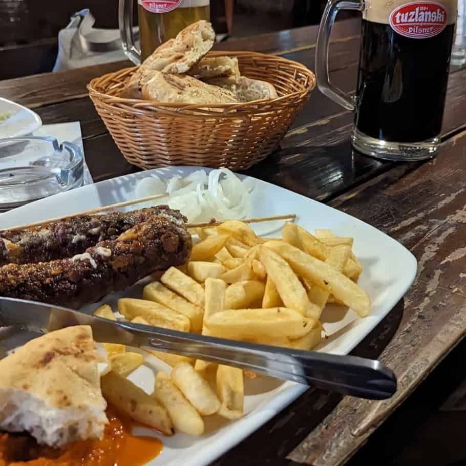 Pivara Tuzla kebab meal and beer