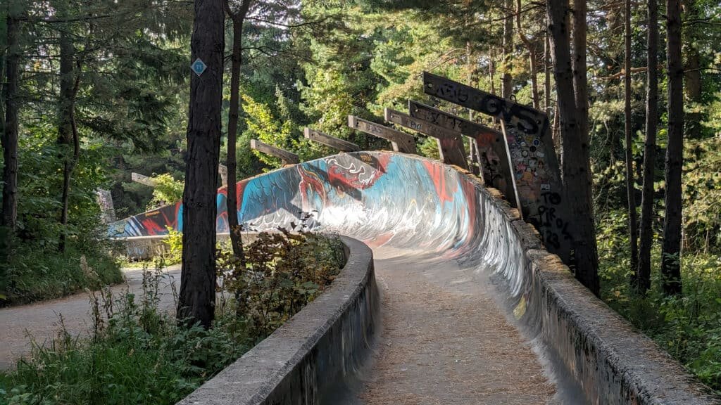 Bobsleigh track with grafitti at the 1985 winter olympic village, sarajevo