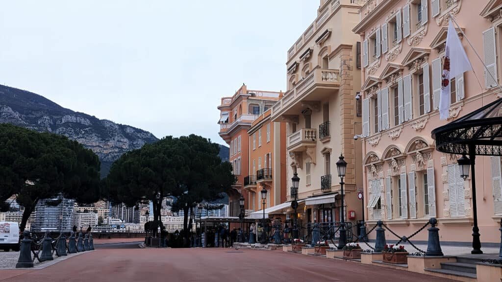 Palace Square in Monaco - opposite the palace - more ornate buildings and view to the mountains