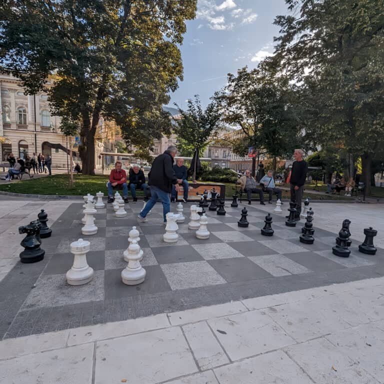 chess game outside orthodox cathedral in sarajevo