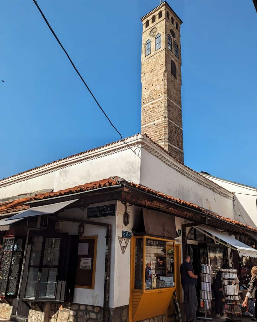 lunar clock tower sarajevo above streets fof the old town
