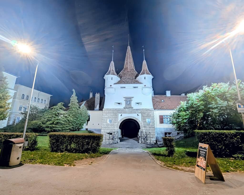 Catherine Gate (Poarta Ecaterinei) at night, wide angle Brasov, Romania
