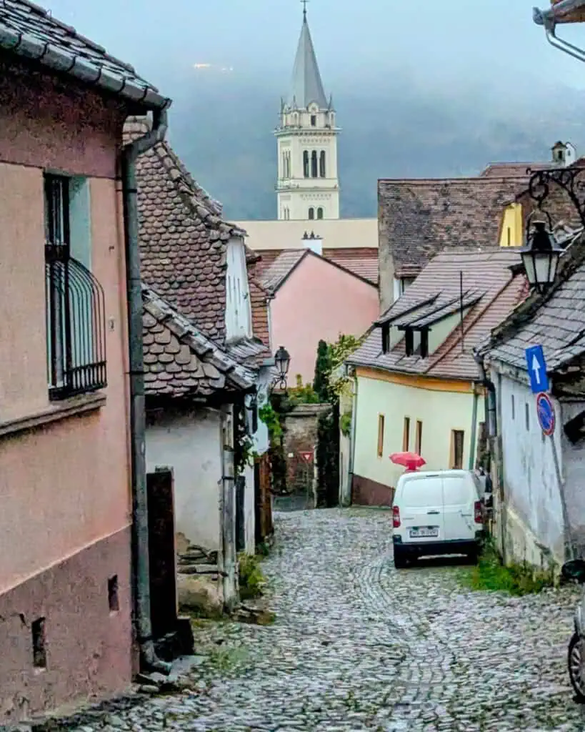 colourful streets of Sighisoara on a misty day
