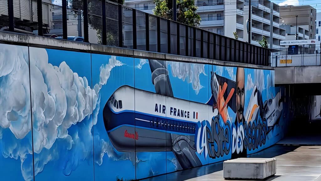 Mural of Air France plane on underpass Montaudran district Toulouse- walk to Halle de la Machine