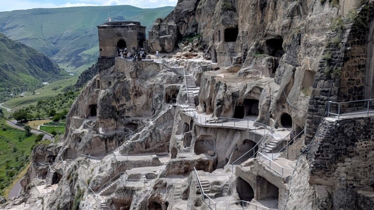Vardzia, cave city on the cliffside including view of the gate to the city