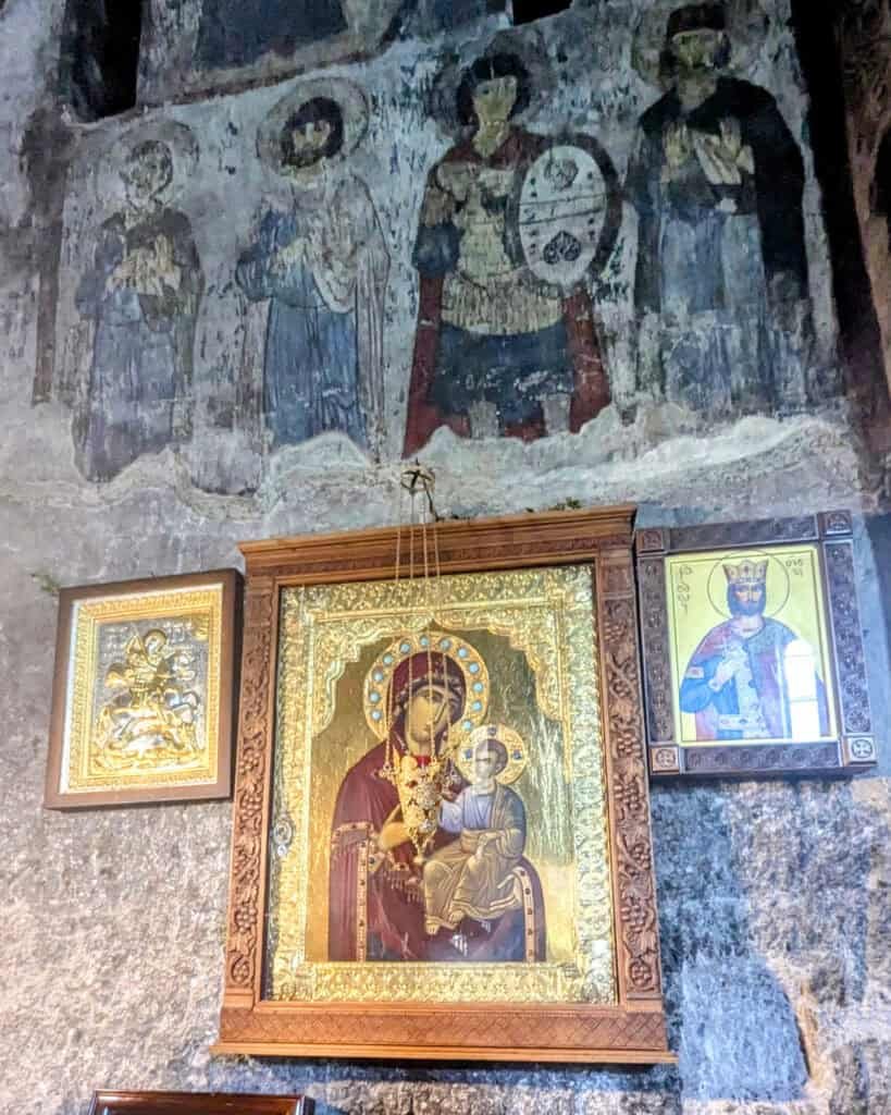 pictures from the cave monastery at Varzia including the madonna and child