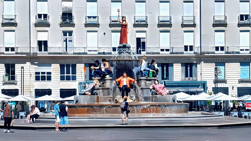 close up of fountain Place Royal Nantes - modern cultured people sculptures added
