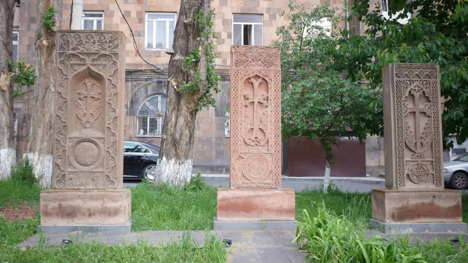khachkars - Armenian Cross Stones in the courtyyard in front of St Saviours Church Gyumri