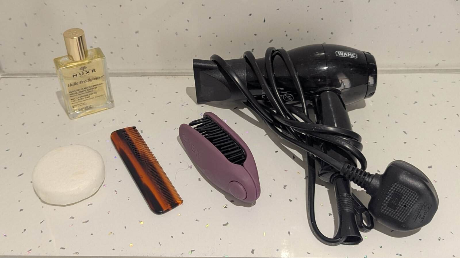 Hair Care for travel - shampoo bar, Nuxe Dry Oil for Conditioning, Comb and Folding Hairbrush Travel Hairdryer