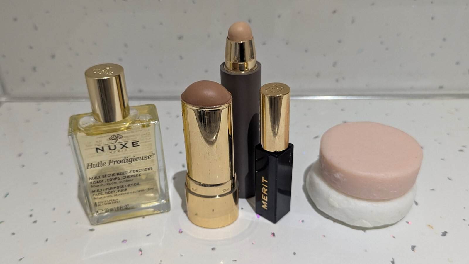 Multi Use Toiletries - Nuxe Dry Oil for Face, Body and Hair, Merit stick makeup and 2-in-1 solid toiletries