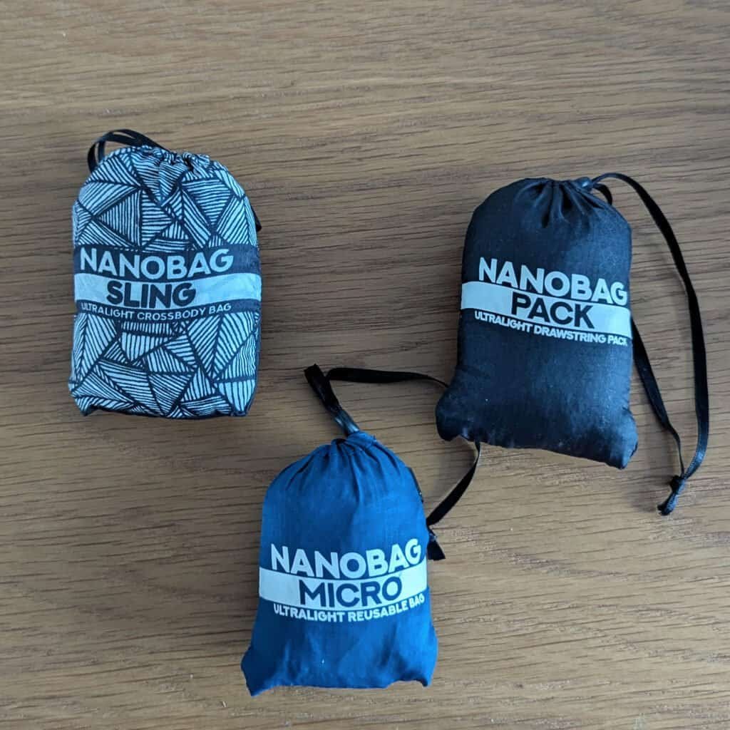 three nanobags all packed up and part of my essentials when travelling with one small bag