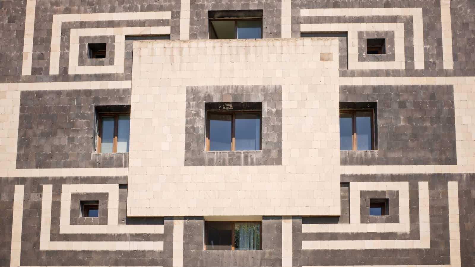 Alexander Spendiaryan Specialized Music School - building on the edge of Vernissage Market Yerevan - striking cube brustalist building