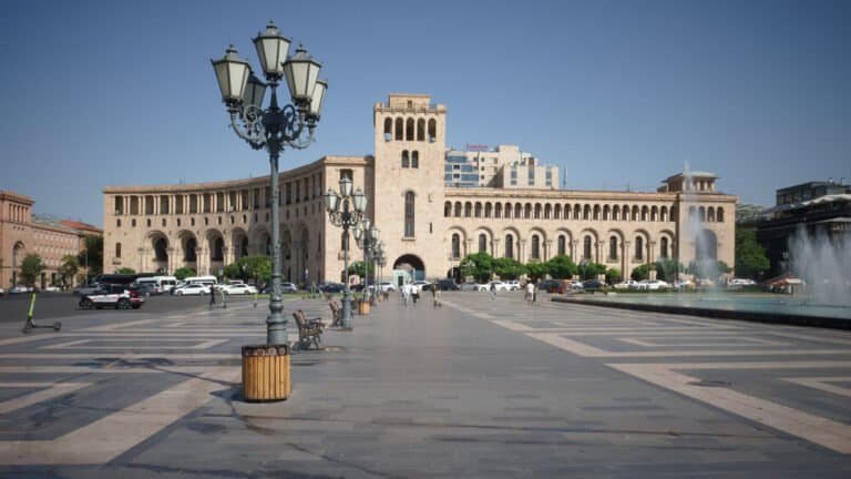 Republic Square Yerevan - capital of Armenia - flanked by Government buildings - with fountains in the centre