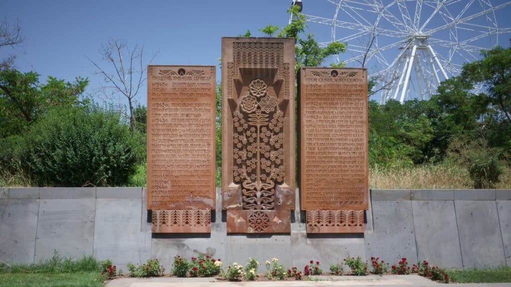 khachkars surrounding Victory Park on the way to other Mother Armenia in Yerevan