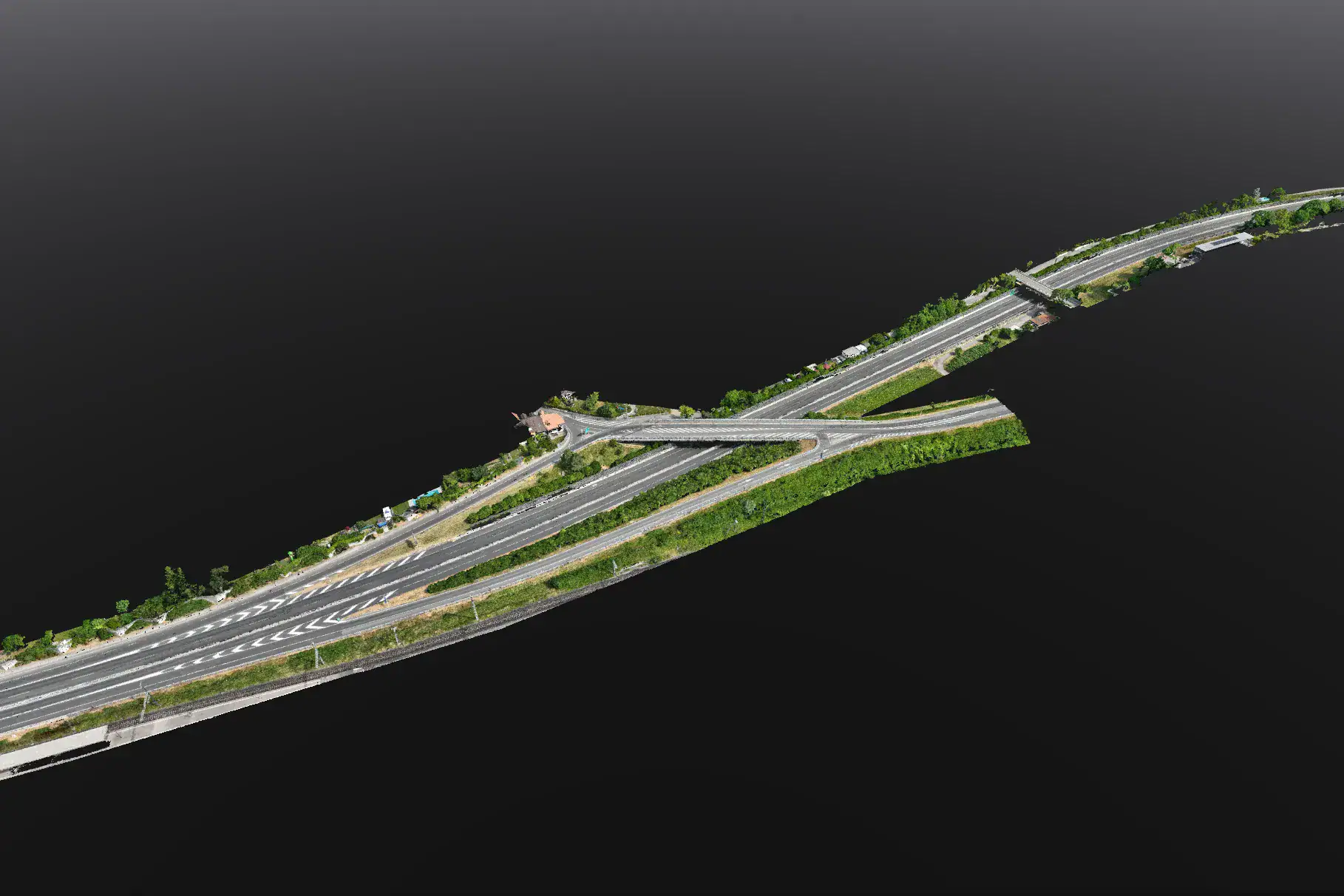 Luftaufnahme einer Autobahn mit Drohnenvermessung in Thun, Schweiz.