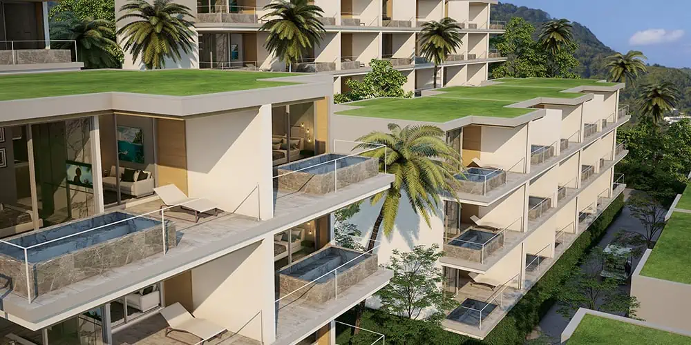 Résidence avec piscines privées sur chaque balcon des appartements