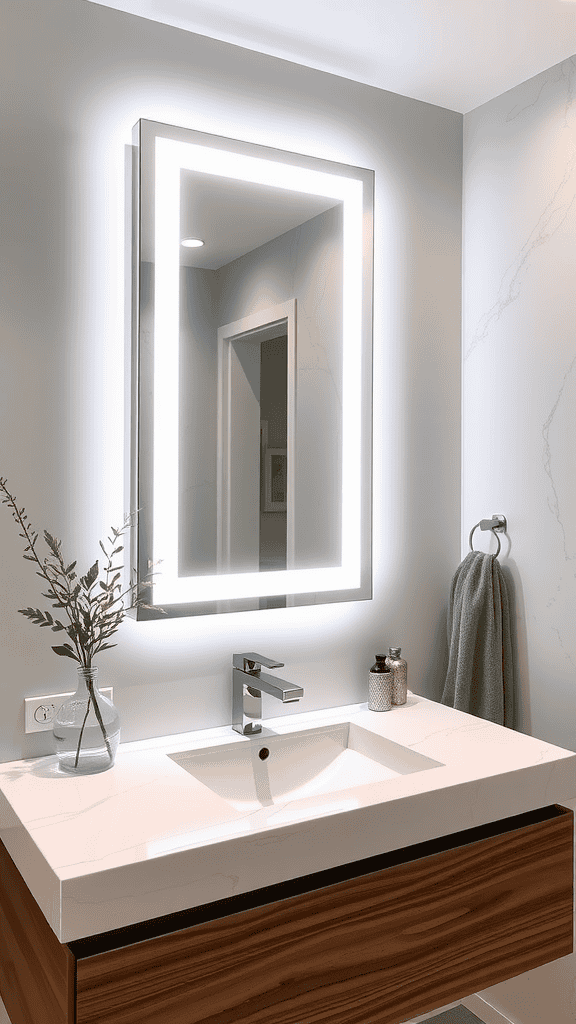 Modern bathroom with a stylish illuminated mirror and minimalist decor.